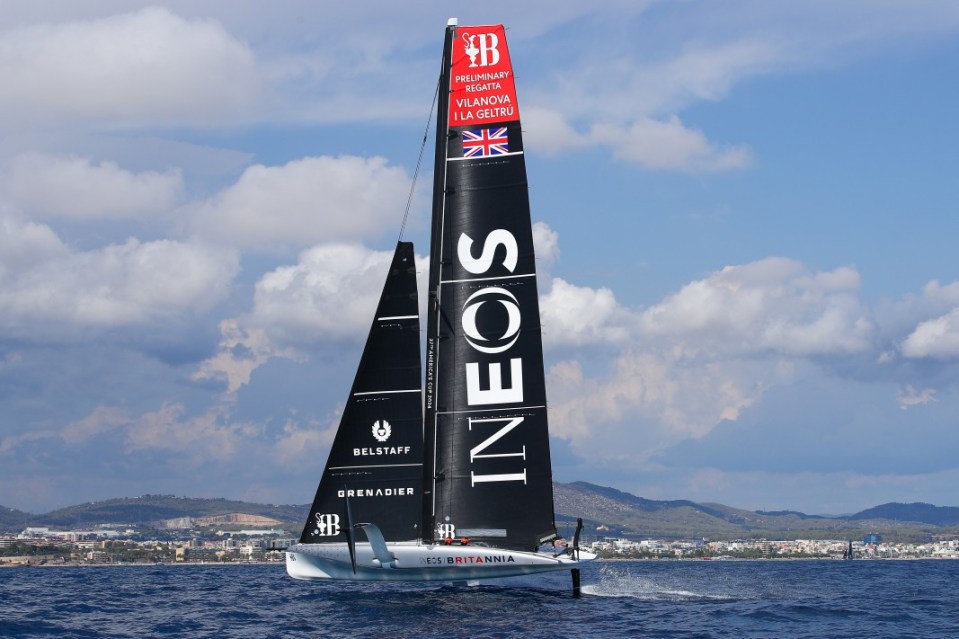 VILANOVA I LA GELTRU, SPAIN - SEPTEMBER 14: Ben Ainslie of Great Britain, Giles Scott of Great Britain, Leigh McMillan of Great Britain, Bleddyn Mon of Great Britain and INEOS Britannia in action during the 37th America's Cup Preliminary Regattas on September 14, 2023 in Vilanova i la Geltru, Spain. (Photo by Eric Alonso/Getty Images)