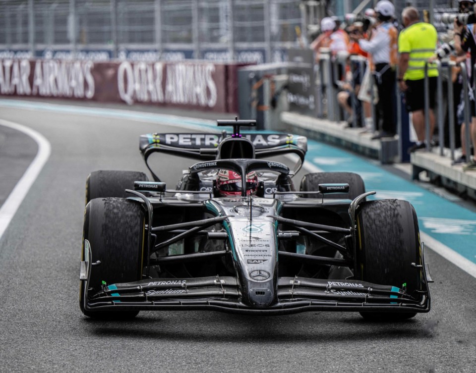 May 4, 2025, Miami, Florida, U.S: Former Olympic Down Hill Skier LINDSEY VONN taking in the grid experience in Miami. 04 May 2025 Pictured: May 4, 2025, Miami, Florida, U.S: 63 GEORGE RUSSELL Mercedes Petronas Formula One Team pulling into third place finish. Photo credit: ZUMAPRESS.com / MEGA TheMegaAgency.com sales@mega.global