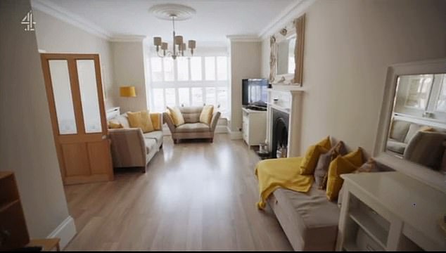The newly engaged couple fell in love with a five-bedroom property in their dream location of Bexley, which had a guide price of £700,000 - £725,000. Pictured, the living room