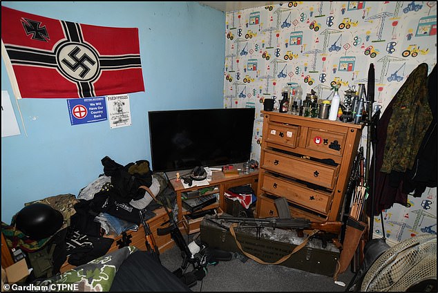 Terror plotter Brogan Stewart, 25, lived with his mother in Tingley, near Wakefield, West Yorkshire where his bedroom featured childish wallpaper of diggers and cranes on one wall and a Nazi flag and white supremacist posters on another
