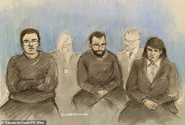A court artist sketch of the accused trio of Brogan Stewart (left), Christopher Ringrose (centre) and Marco Pitzettu (right)
