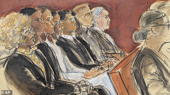 Janice Combs, mother of Sean "Diddy" Combs, left, sits with other family members at the start of Combs' trial in Manhattan Federal Court, Monday, May 12, 2025, in New York. (Elizabeth Williams via AP)