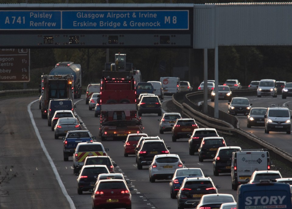 Traffic jam on the M8 motorway near Erskine Bridge.