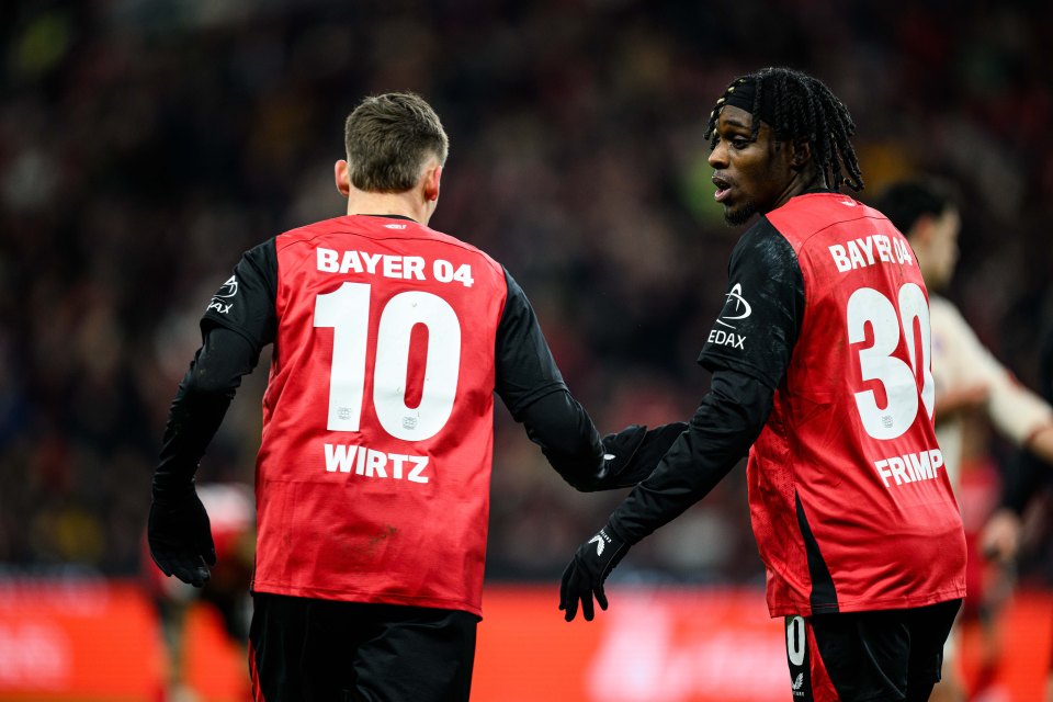 Florian Wirtz and Jeremie Frimpong of Bayer Leverkusen.