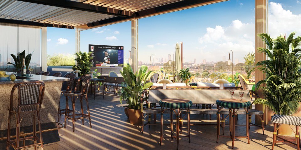 Illustration of a rooftop bar with city views.