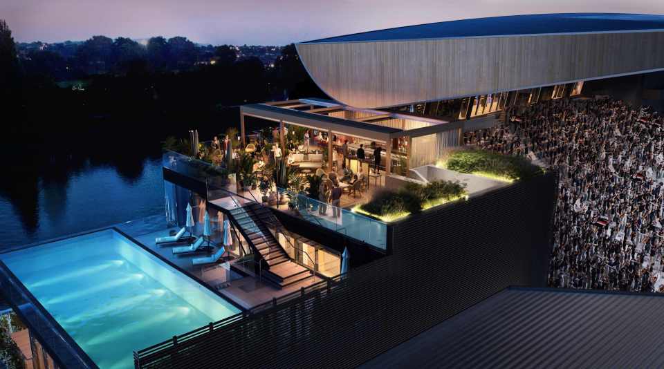 Illustration of a rooftop pool and lounge area at Craven Cottage stadium.