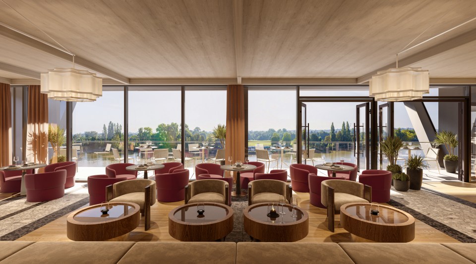 Rendering of a luxurious lounge with river views.