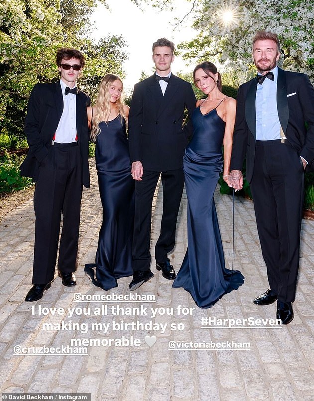 David and Victoria's children Romeo, 22, Cruz, 20, and Harper, 13, joined them for a week of celebrations (pictured in the Costwolds), though Brooklyn was notably absent
