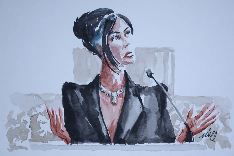 Watercolor illustration of a woman in a black blazer speaking at a podium.