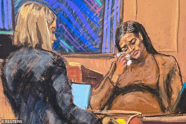 The New York courtroom fell silent as the jury members viewed five still pictures of so-called ¿Freak Offs¿ on their screens, which were blocked from public view (A court image of Cassie Ventura giving testimony on May 13)