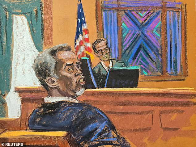 The court also heard that Combs (drawn during trial) attempted to blow up the car of Scott Mescudi, also known as Kid Cudi, after finding out Ms Ventura was dating the Cleveland rapper
