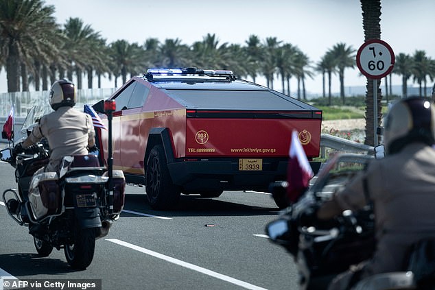A Qatari police Tesla Cybertruck was part of President Donald Trump's motorcade Wednesday afternoon when he arrived in Doha, Qatar