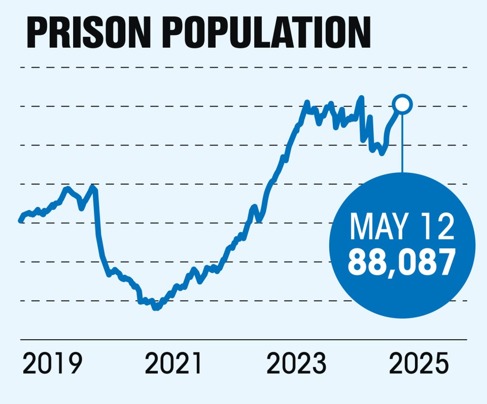 Graph showing prison population increase from 2019 to 2025, with a final population of 88,087.