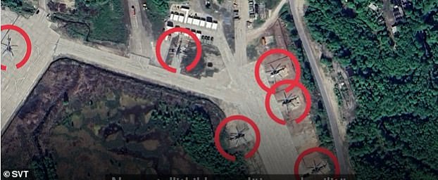 AFTER: Helicopters are pictured along the runway at the Severomorsk-2 airbase