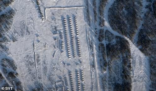 A zoomed-in image shows what appear be the tents set up to house troops in Kamenka