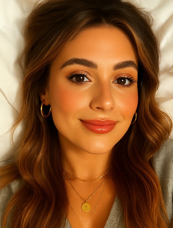 Woman with summer glow makeup and gold jewelry.