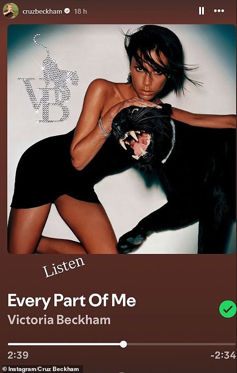 In what could be interpreted as a coded message to Brooklyn, 26, and Nicola, 30, Cruz, 20, took to Instagram stories to urge his army of followers to listen to noughties song Every Part Of Me