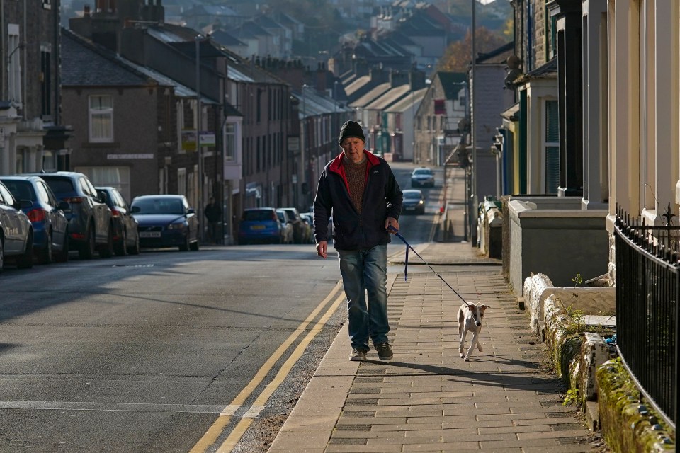 A man walks his dog down a residential street.