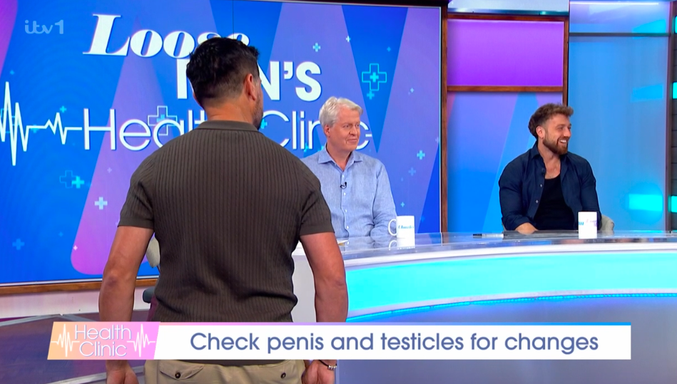Screenshot of a television show segment showing a live testicular cancer check.