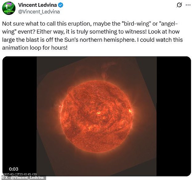 Northern Lights photographer Vincent Ledvina dubbed it the 'bird-wing' or 'angel-wing' eruption