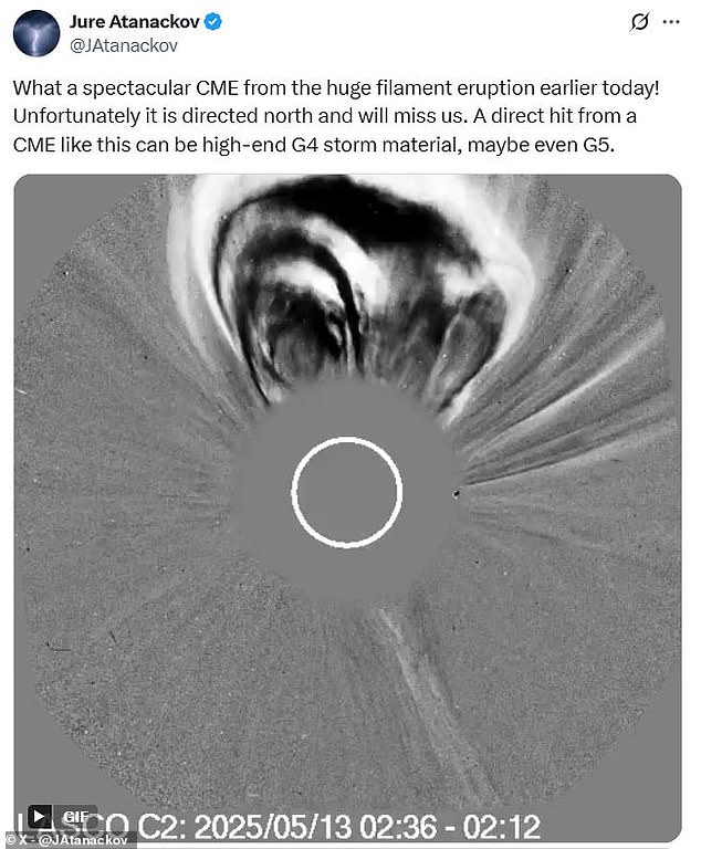 Aurora chasers watching the eruption were shocked by its sheer size, with one saying it could cause a G5 or 'extreme' geomagnetic storm