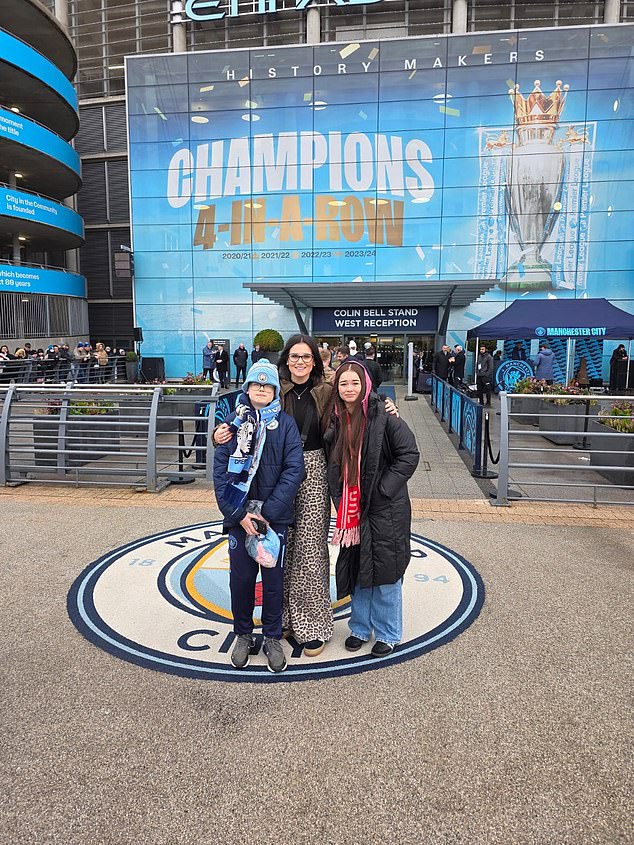 The mother-of-two has also called for more awareness surrounding eye health (Pictured: Hannah and her two children at a football match)