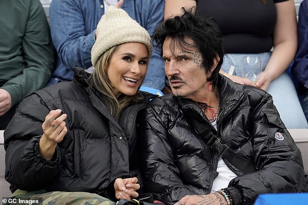 Tommy Lee's wife Brittany Furlan said their beloved pet dog Neena 'is safe' after a coyote attack in the backyard of their Woodland Hills, California home. Pictured in 2023 in LA