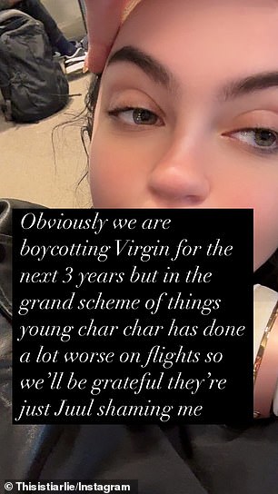 The 25-year-old posted to Instagram on Thursday to reveal that she was put on watch for five years after she was caught vaping on a Virgin Atlantic plane