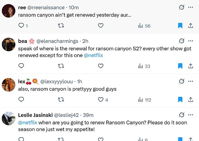Leslie Jasinski (@lesliej42) tweeted at @netflix, 'when are you going to renew Ransom Canyon? Please do it soon season one just wet my appetite!'