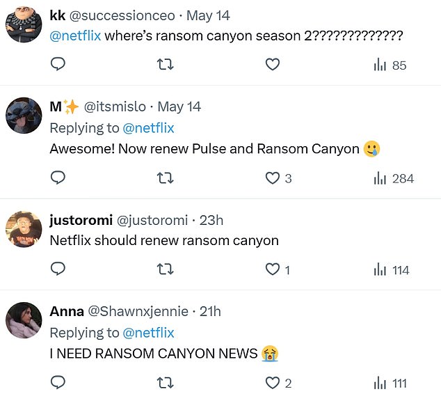 Justoromi (@justoromi) added, 'Netflix should renew ransom canyon,' while Anna (@Shawnxjennie) said in all caps, 'I NEED RANSOM CANYON NEWS.'