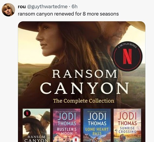 Rou (@guythwartedme) shared an image of Jodi Thomas' eight Ransom Canyon books, adding, 'ransom canyon renewed for 8 more seasons.'