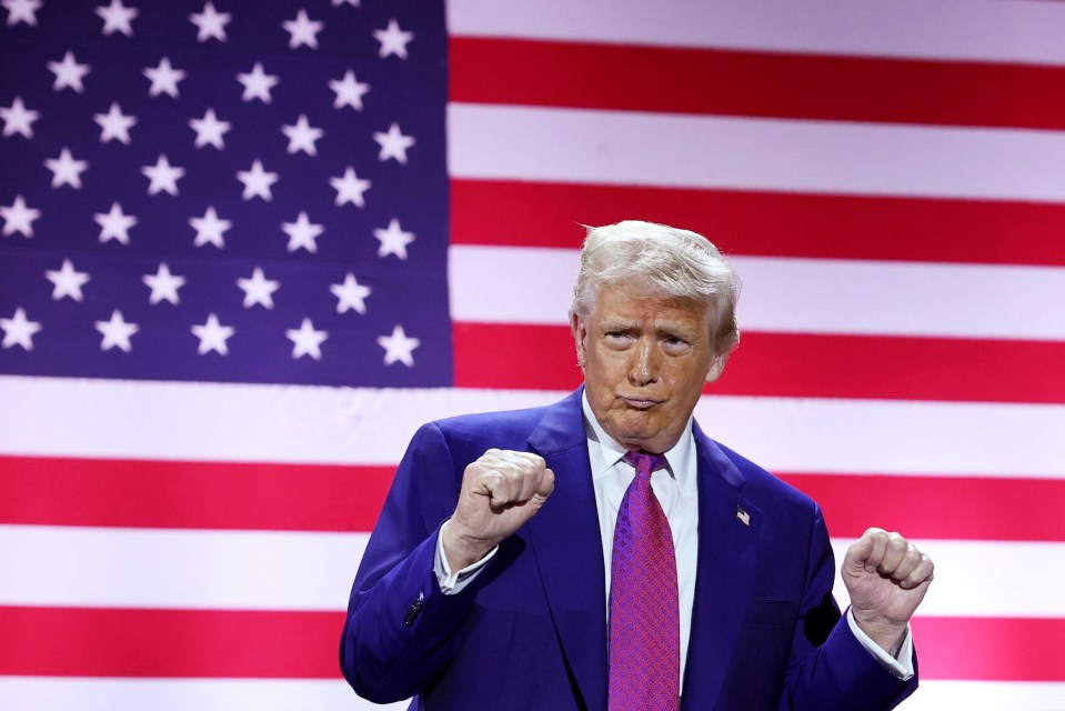 Donald Trump gesturing in front of an American flag.