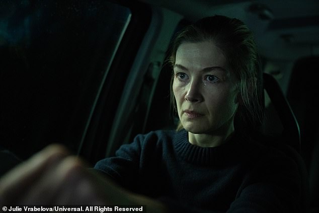 Pictured: A scene of the actress driving in the car during the psychological thriller