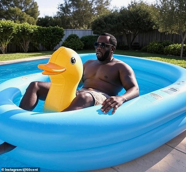 The first AI image showed a shirtless Diddy sitting in a blue inflatable kiddy pool in a back yard while riding on a large inflatable yellow duck