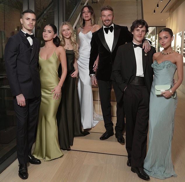 Brooklyn and Nicola snubbed five of David¿s 50th birthday celebrations. Victoria and David are pictured at one of the events with son Romeo, his girlfriend Kim Turnbull, daughter Harper, son Cruz and his partner Jackie Apostel