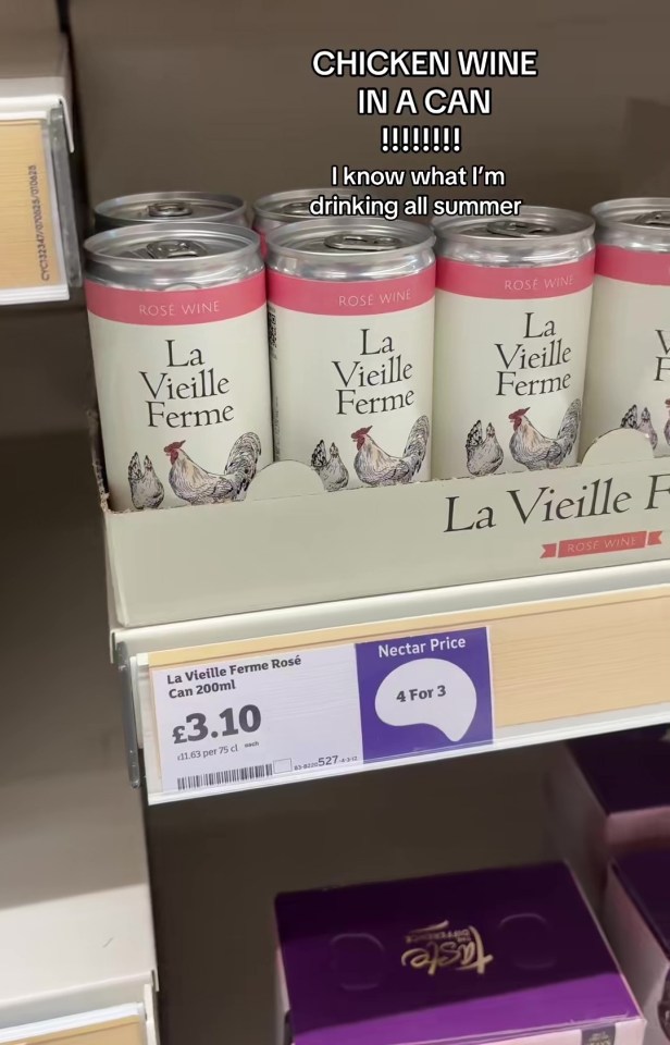 La Vieille Ferme Rosé wine in cans on a store shelf.