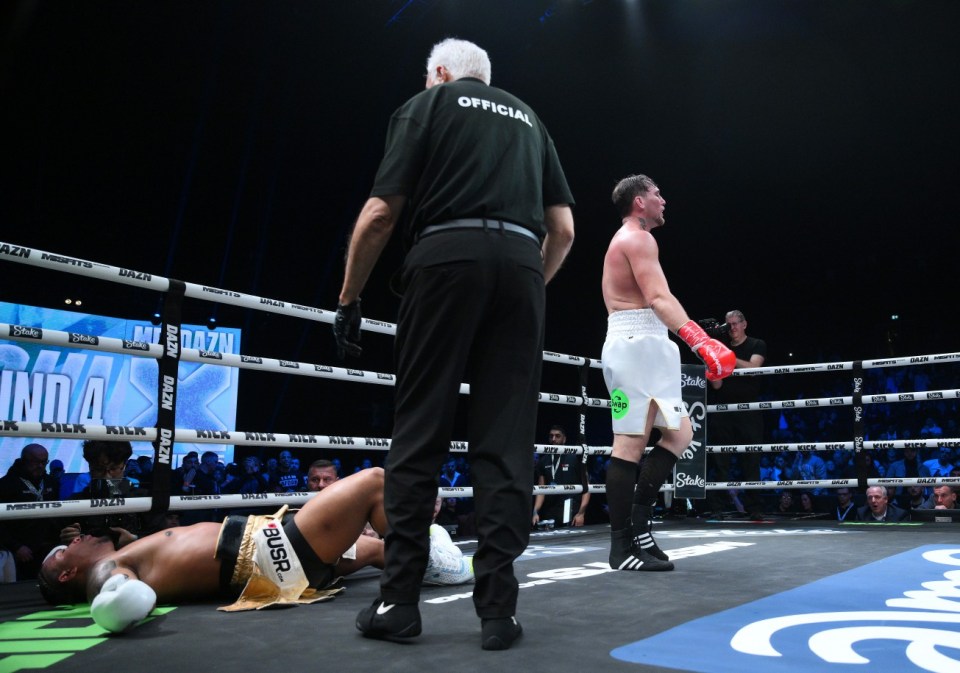 MANCHESTER, ENGLAND - JANUARY 18: Anthony Taylor is knocked down by Darren Till during their cruiserweight fight on the Misfits Boxing 30 Live fight card at Co-op Live on January 18, 2025 in Manchester, England. (Photo by Ben Roberts Photo/Getty Images)