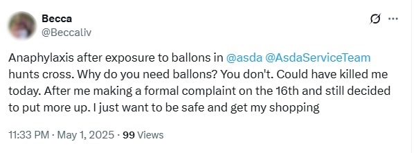 Screenshot of a tweet describing anaphylaxis after balloon exposure in an Asda store.