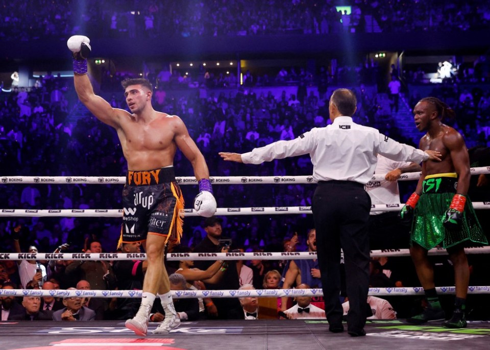 Boxing - KSI v Tommy Fury - AO Arena, Manchester, Britain - October 14, 2023 Tommy Fury celebrates winning his fight against KSI Action Images via Reuters/Jason Cairnduff TPX IMAGES OF THE DAY
