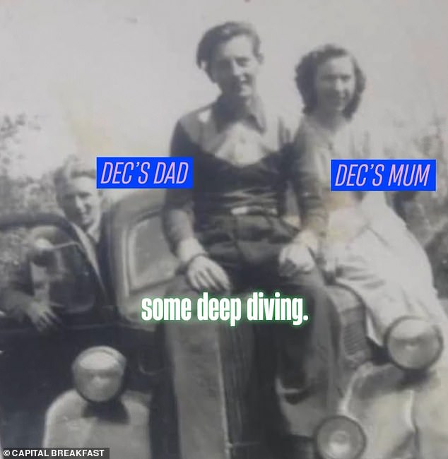 Related on Dec's father's side, sharing a four-times great-grandfather, the team were able to track their ancestral connection and unite them for the first time in Ireland(pictured: Dec's dad on the car next to his mother left)