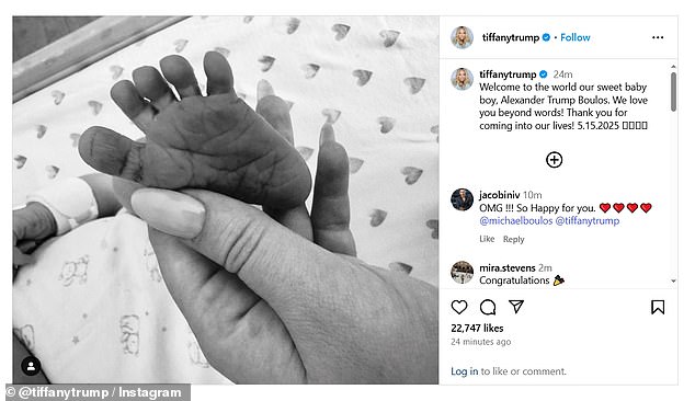 Tiffany Trump gave birth to a baby boy on Thursday
