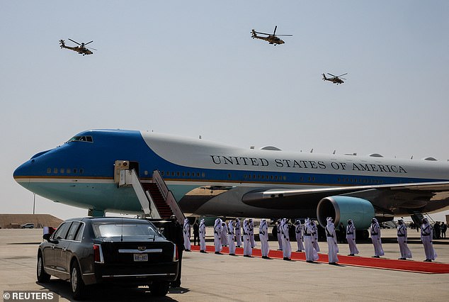 Qatari military aircraft perform a flyover before President Donald Trump departed