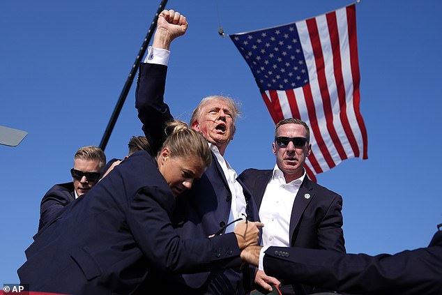 Donald Trump on July 13, 2024, after the assassination attempt in Butler, Pa.