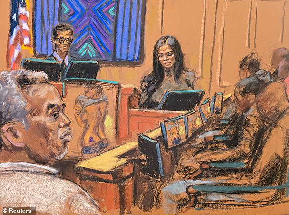 After being shown images from a Freak Off (not shown to the public), jurors are shown images of what Casandra "Cassie" Ventura described as bruises from Sean "Diddy" Combs, before U.S. District Judge Arun Subramanian at Combs' sex trafficking trial in New York City, New York, U.S., May 14, 2025 in this courtroom sketch. REUTERS/Jane Rosenberg