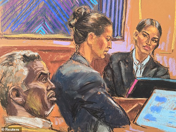 Sean "Diddy" Combs listens as lawyer Anna Estevao cross-examines Casandra "Cassie" Ventura during Combs' sex trafficking trial in New York City, New York, U.S., May 15, 2025, in this courtroom sketch. REUTERS/Jane Rosenberg