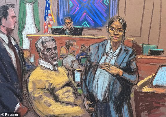 Sean "Diddy" Combs watches as Casandra "Cassie" Ventura leaves for a break in her testimony during Combs' sex trafficking trial in New York City, New York, U.S., May 15, 2025 in this courtroom sketch. REUTERS/Jane Rosenberg     TPX IMAGES OF THE DAY