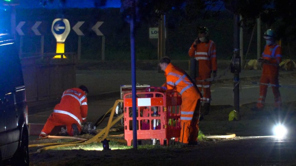 Grab from PA video of emergency services at the scene after a large fire broke out at Bicester Motion, the site of a former RAF base in Oxfordshire, with witnesses reporting loud explosions and thick black smoke billowing from the site. Some 10 fire and rescue crews are tackling the blaze in Bicester, which has prompted a major response and warnings for local residents to stay indoors. Picture date: Thursday May 15, 2025. PA Photo. See PA story FIRE Bicester. Photo credit should read: Jamie Lashmar/PA Wire