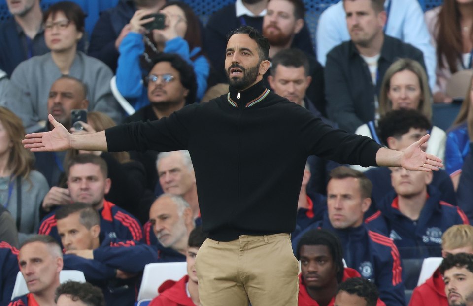 Ruben Amorim, Manchester United manager, looking frustrated during a match.