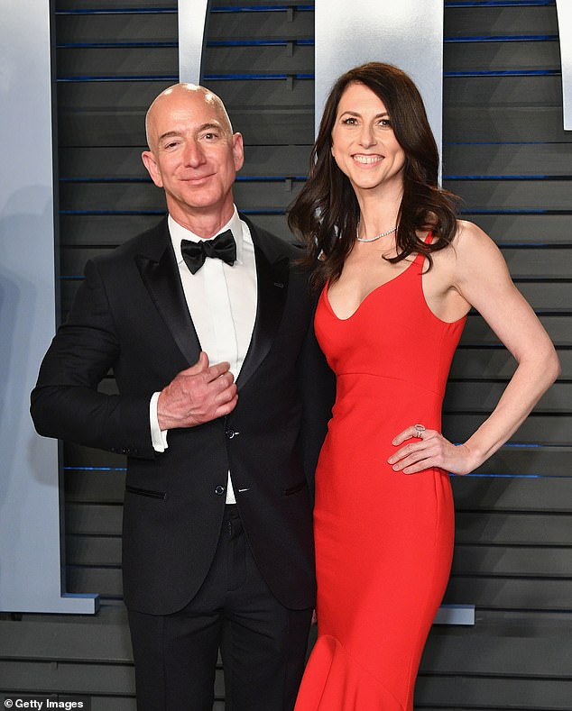 Bezos' engagement to Sanchez followed the couple having an affair, which Jeff has admitted to, leading to his divorce from wife of 25 years, Mackenzie Scott in 2019. Pictured: Bezos with Scott together in 2018