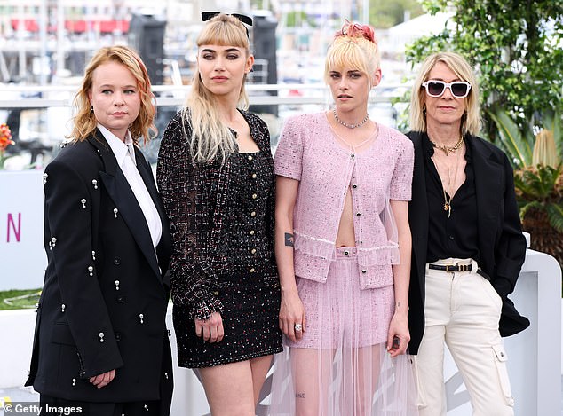 Birch, Imogen Poots, Kristen Stewart and Kim Gordon pose during during The Chronology of Water photocall at Cannes
